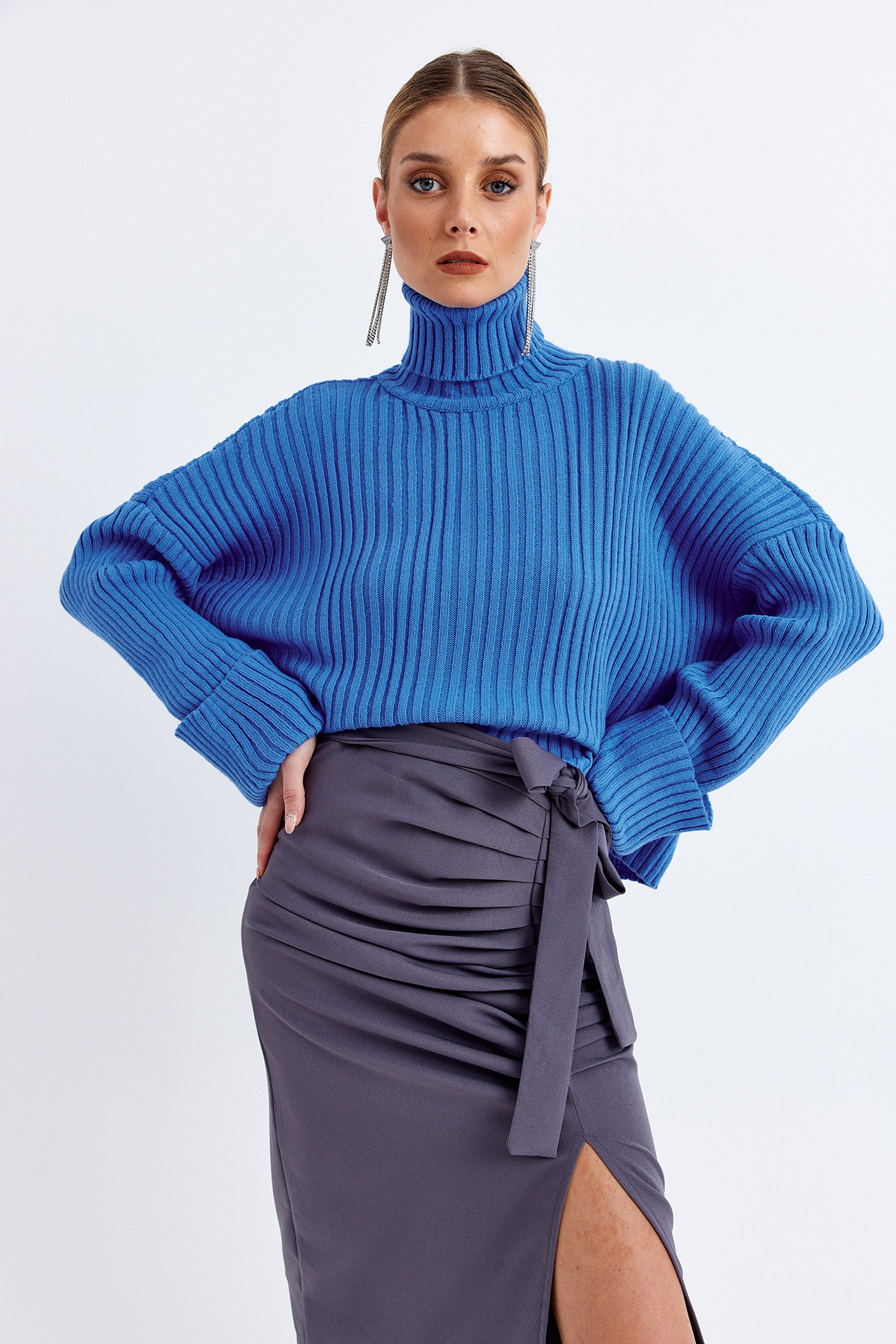 Kalın Boğazlı Oversize Kazak Saks Mavi Kadın Kazak