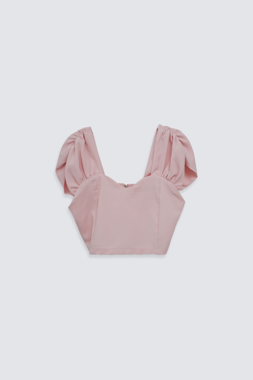 Kalp Yaka Kolu Büzgülü Pembe Kadın Crop Top