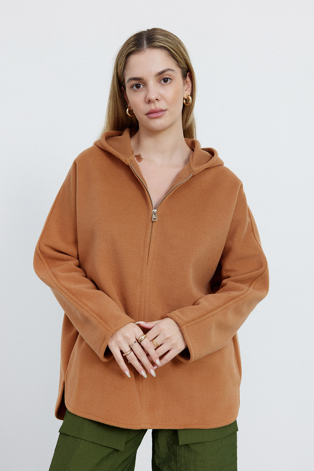 Kapüşonlu Fermuar Detaylı Kiremit Kadın Sweatshirt