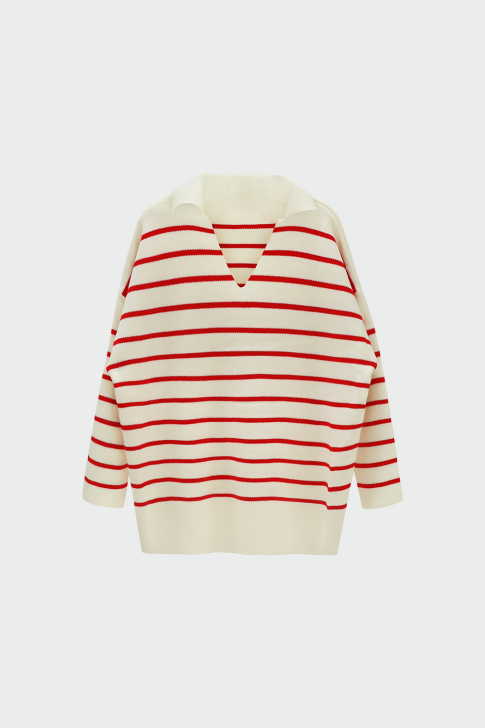 Polo Yakalı Çizgili Oversize Kırmızı Kadın Kazak