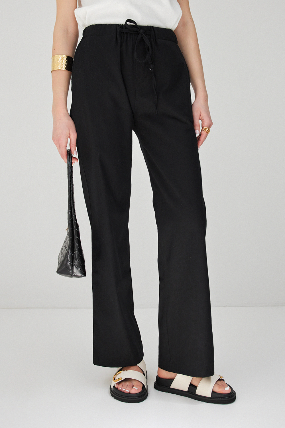 Keten Beli Lastikli Siyah Kadın Pantolon