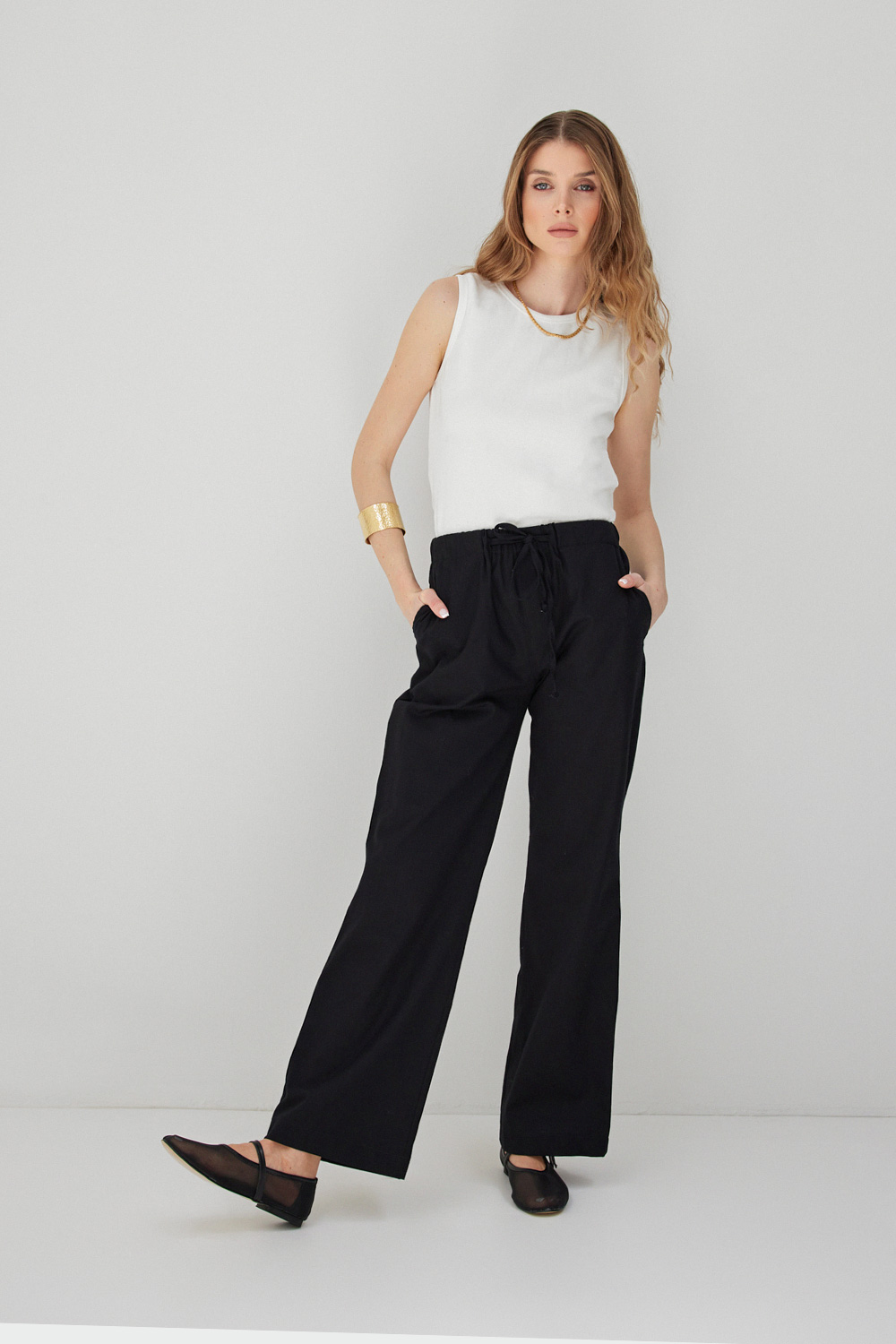 Keten Beli Lastikli Siyah Kadın Pantolon