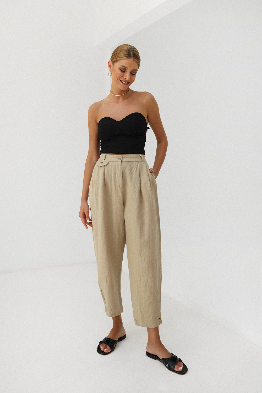Keten Düğme Detaylı Salaş Bej Kadın Pantolon