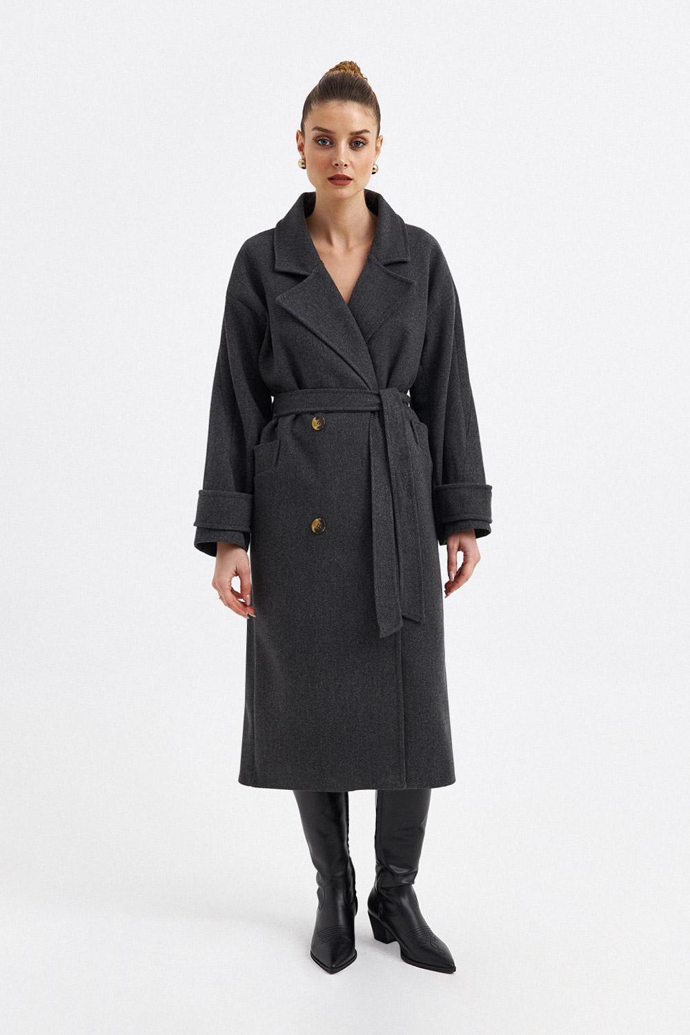 Kol Detaylı Kemerli Kaşe Füme Kadın Kaban