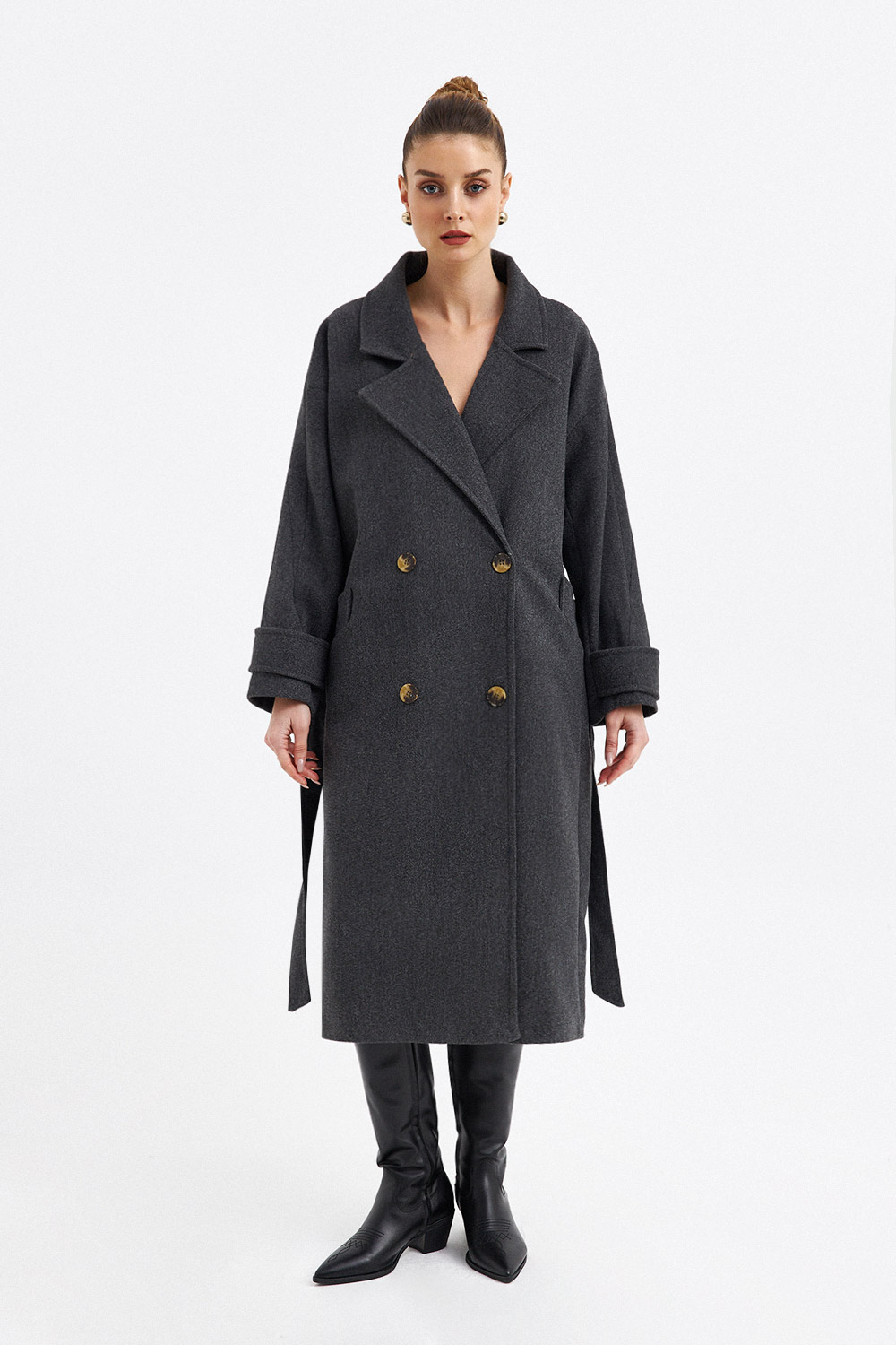 Kol Detaylı Kemerli Kaşe Füme Kadın Kaban