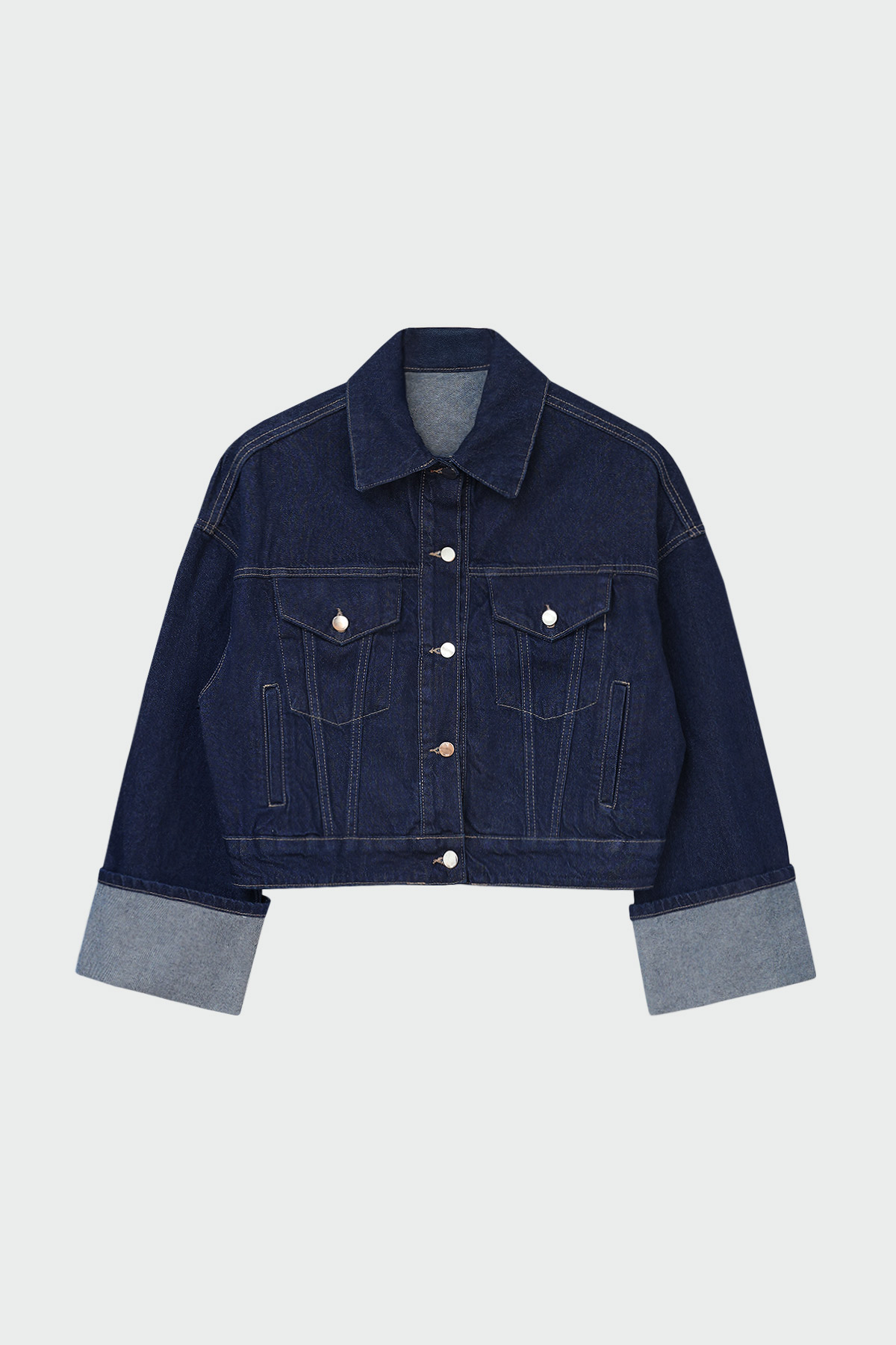 Kontrast Dikişli Denim Mavi Kadın Ceket