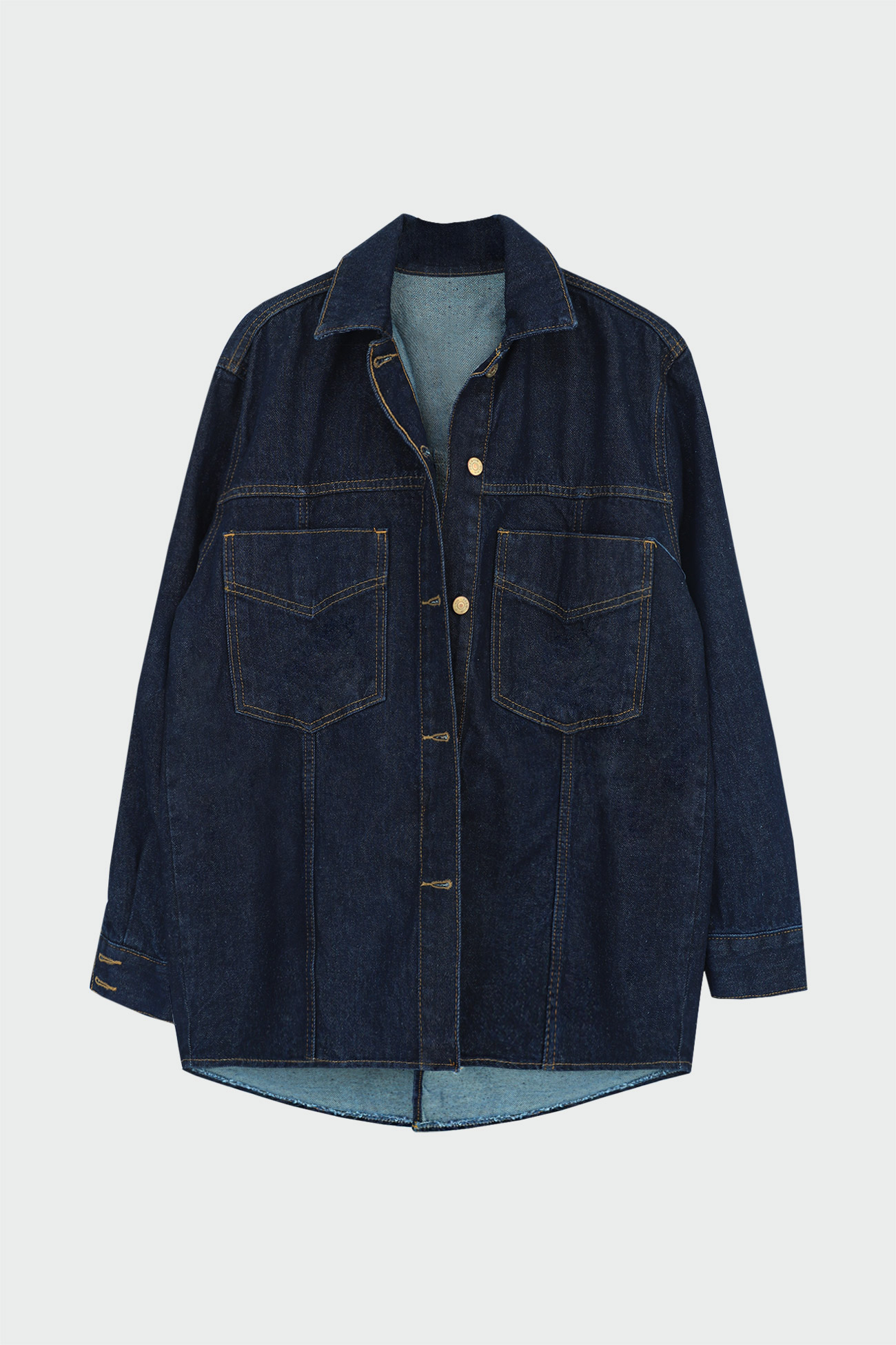 Kontrast Dikişli Oversize Denim Lacivert Kadın Gömlek