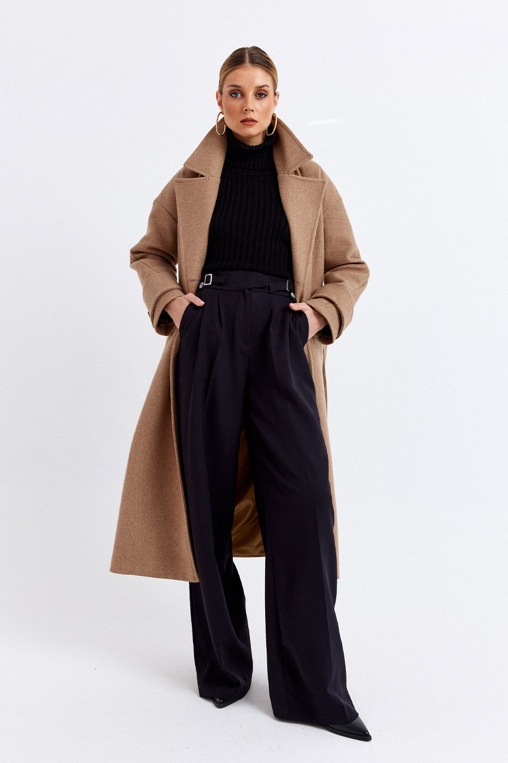 Kuşaklı Çift Düğmeli Kalın Koyu Bej Kadın Kaban