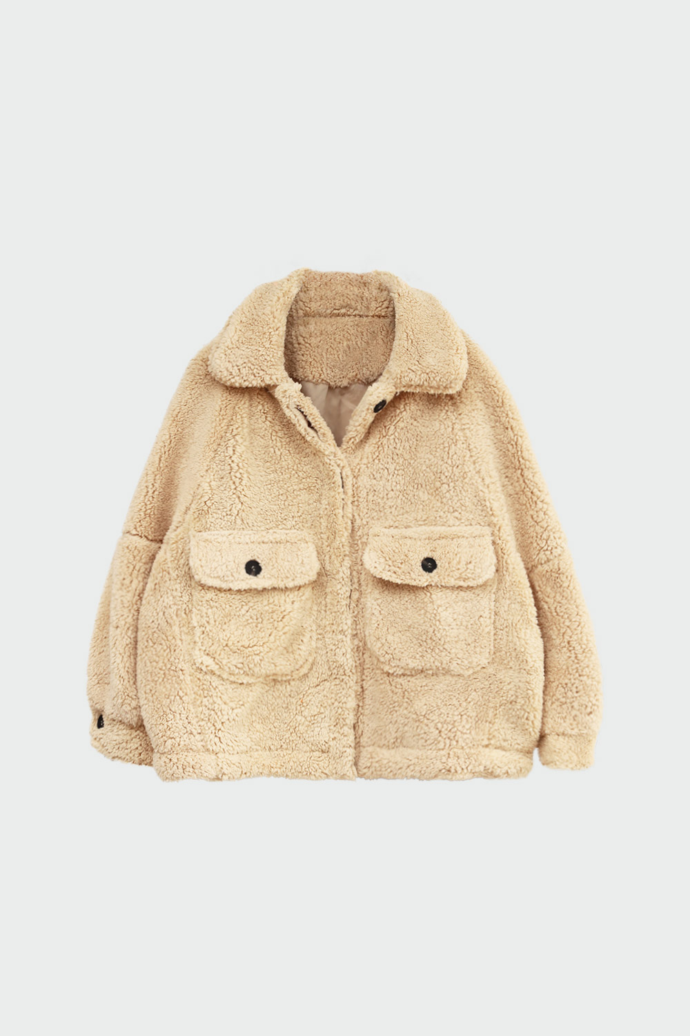 Peluş Cep Detaylı Açık Bej Kadın Mont