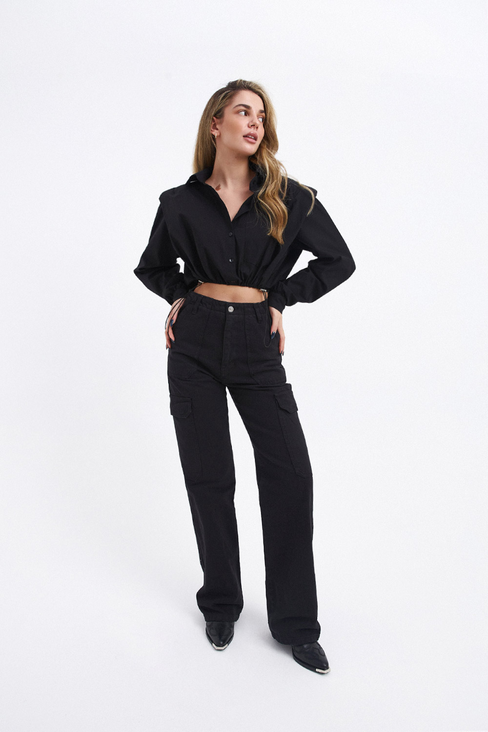 Omuz Detaylı Crop Top Siyah Kadın Gömlek