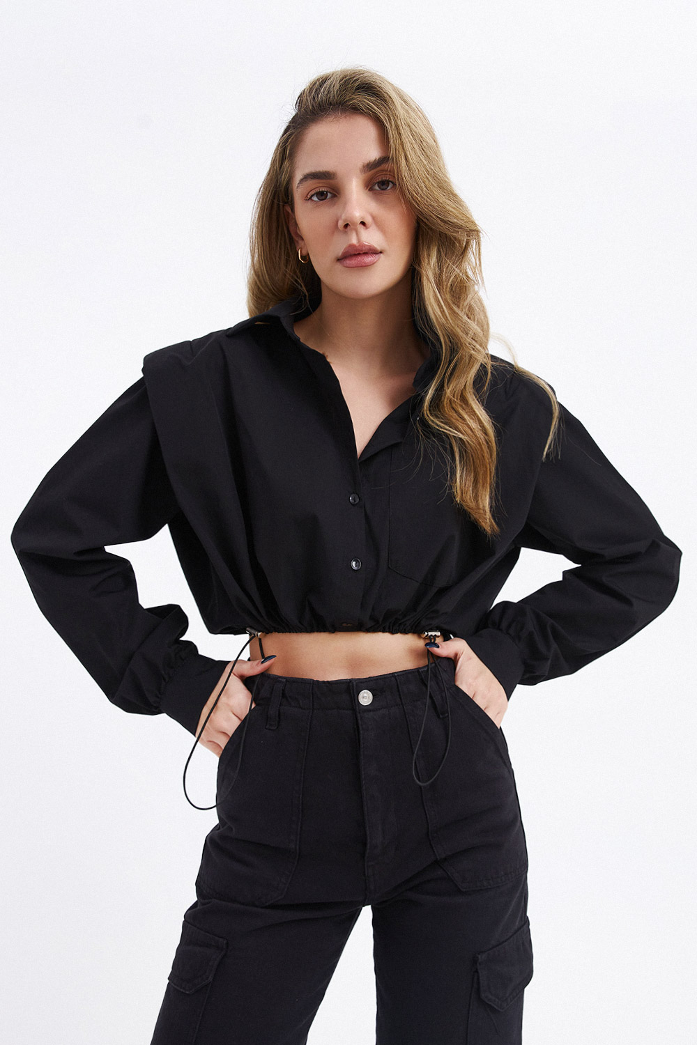 Omuz Detaylı Crop Top Siyah Kadın Gömlek