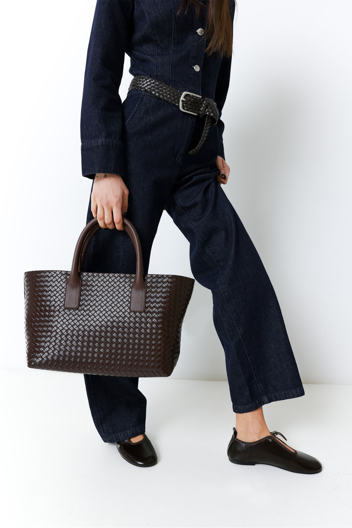 Örgü Dokulu Deri Görünümlü Acı Kahve Örgü Kadın Çanta