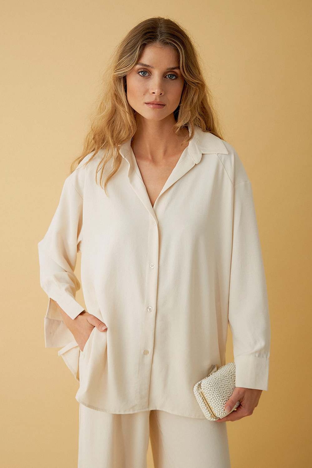 Oversize Geniş Cream Kadın Gömlek