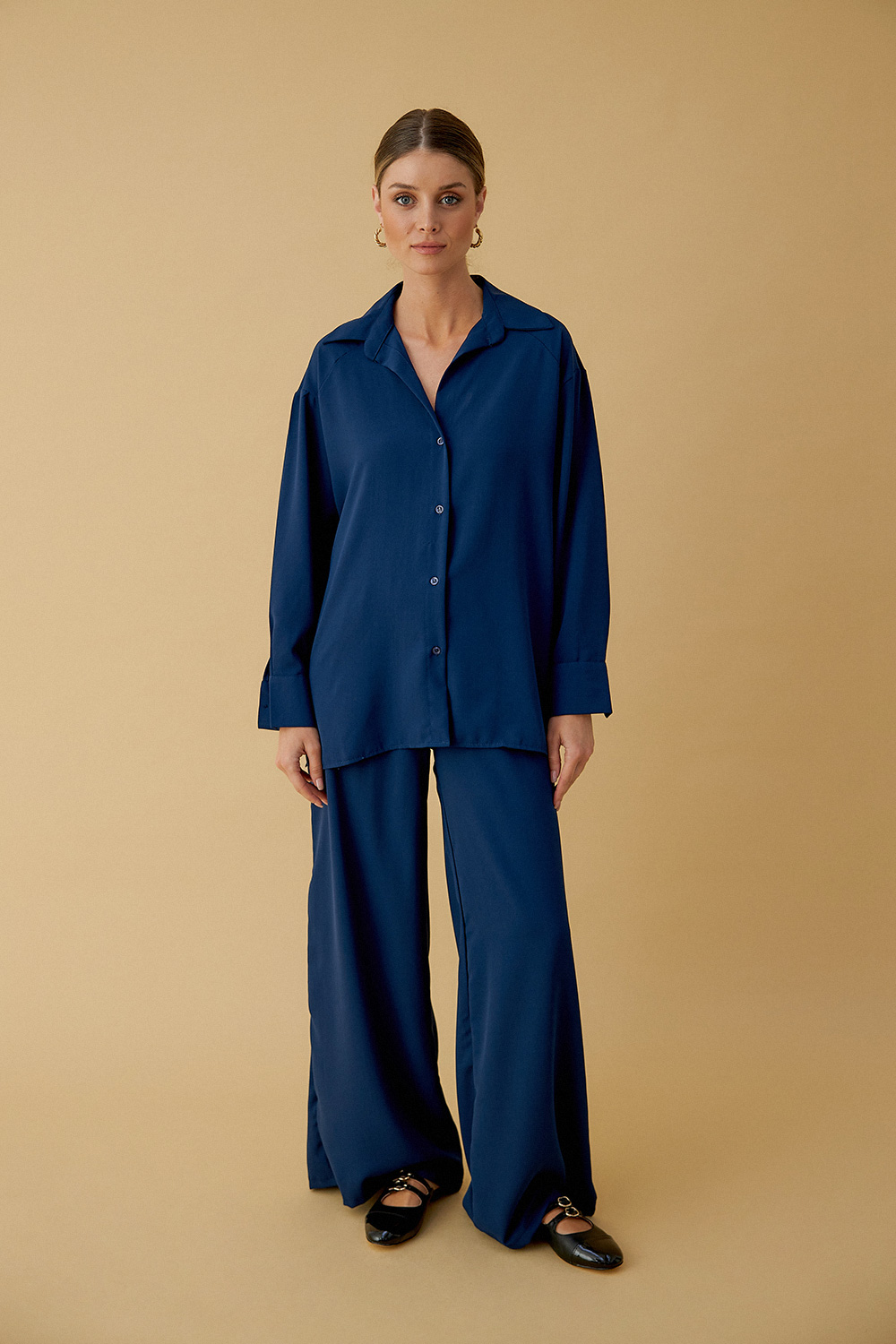 Oversize Geniş Lacivert Kadın Gömlek