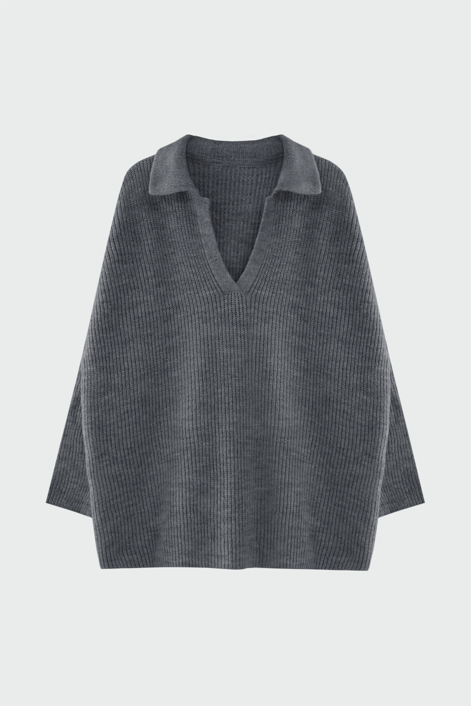 Oversize Polo Yaka Gri Kadın Kazak