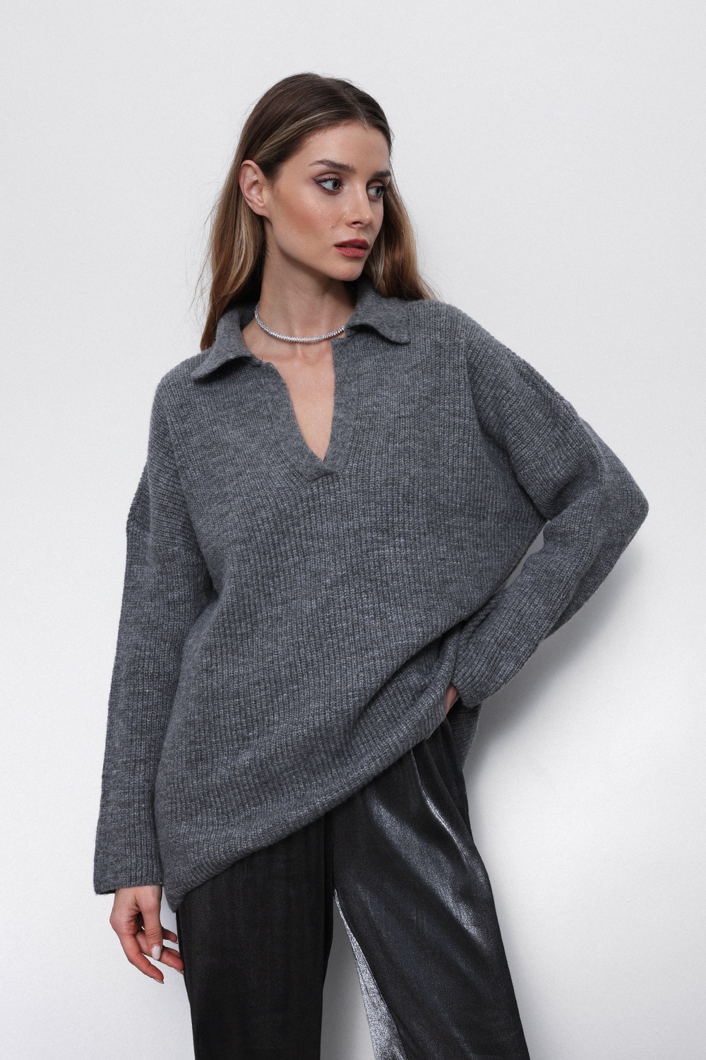 Oversize Polo Yaka Gri Kadın Kazak