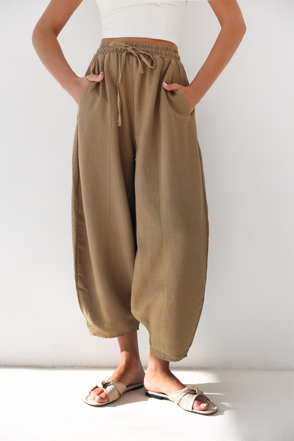 Beli Lastikli Keten Slouchy Camel Kadın Pantolon