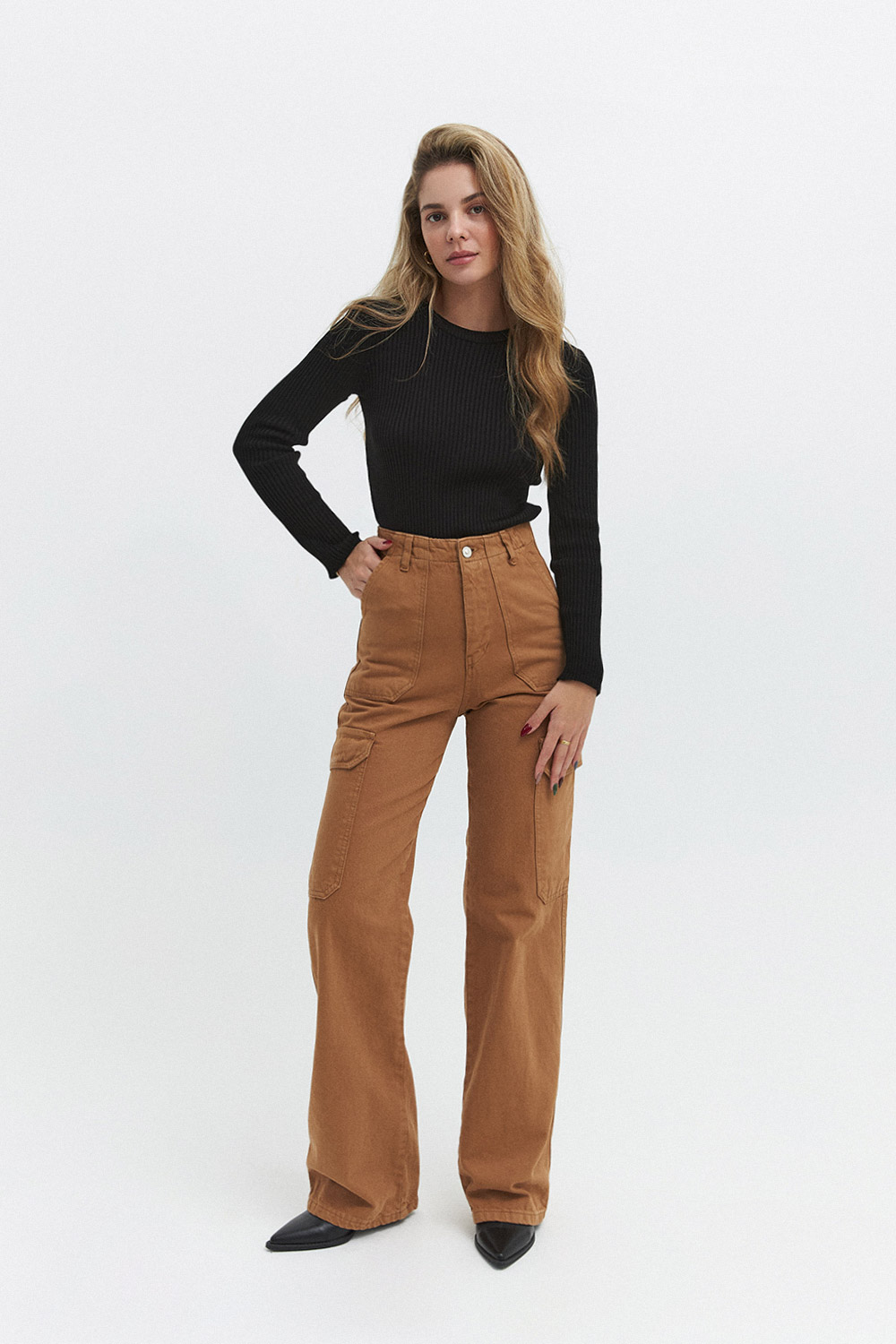 Cep Detaylı Denim Karg Camel Kadın Pantolon