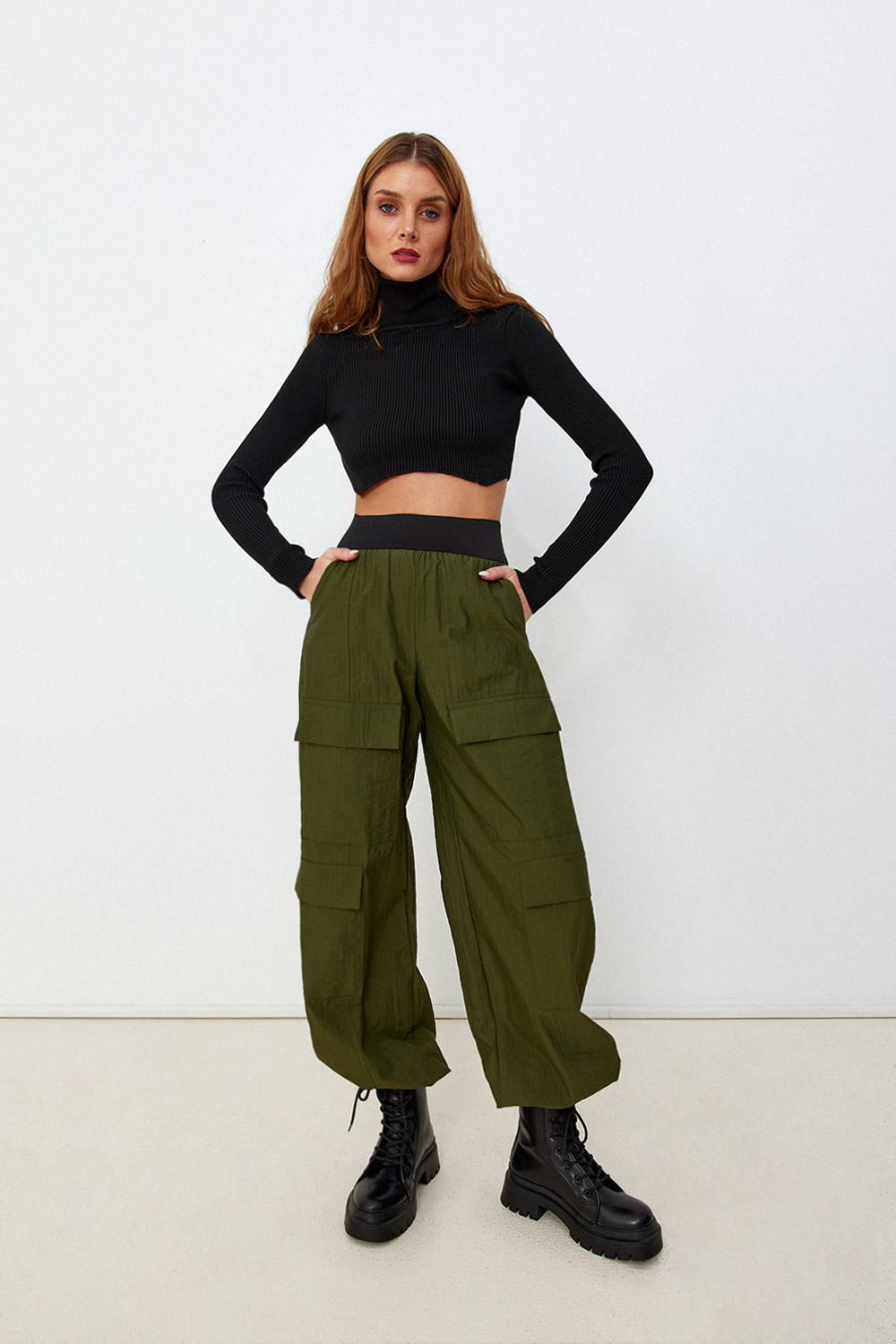 Paraşüt Beli Lastikli Jogger Yeşil Kadın Pantolon