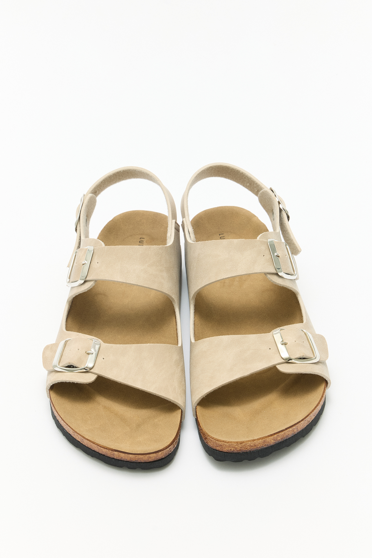 Çift Tokalı Arka Bantlı Bej Süet Kadın Sandalet