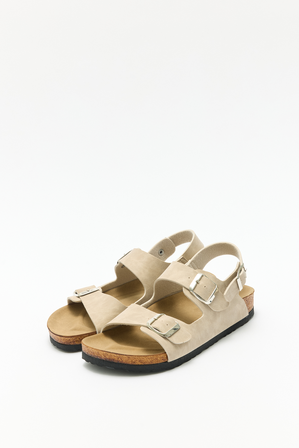 Çift Tokalı Arka Bantlı Bej Süet Kadın Sandalet