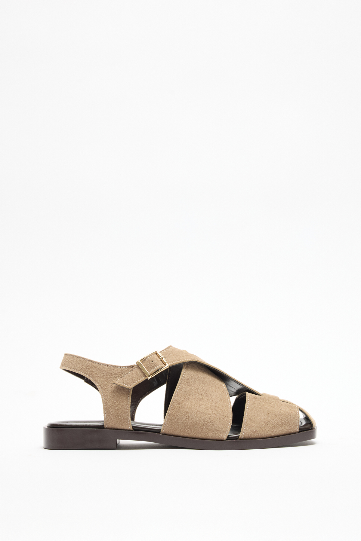 Kalın Çapraz Bant Detaylı Vizon Süet Kadın Sandalet