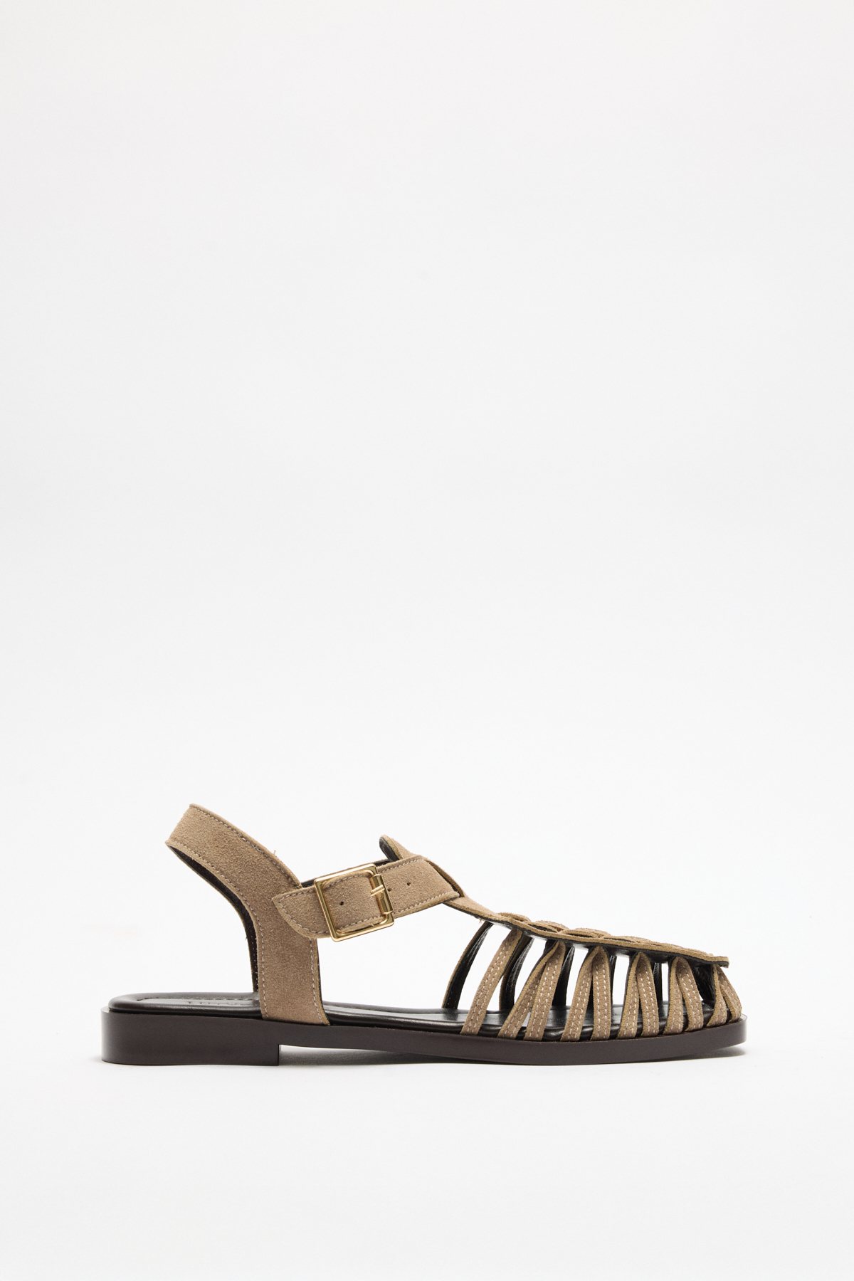 Minimal Çok Bantlı Vizon Süet Kadın Sandalet