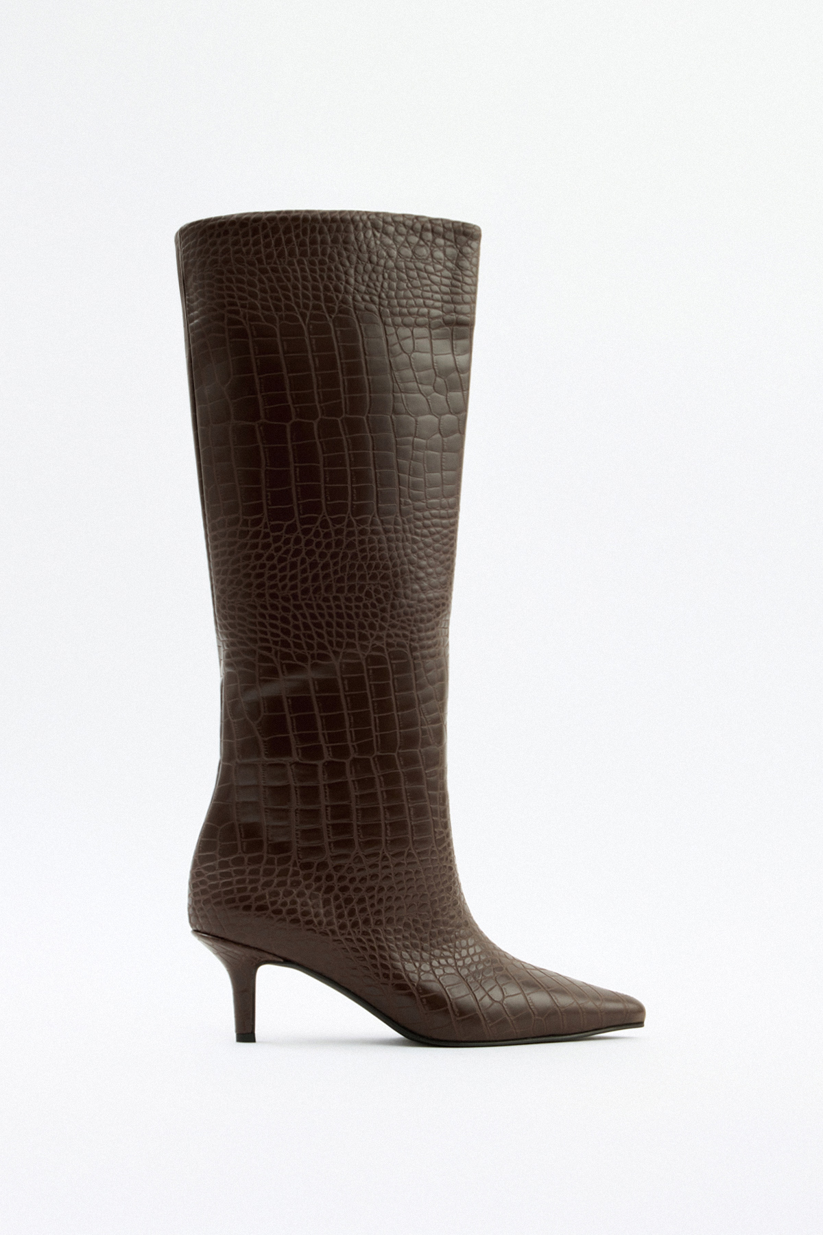 Sivri Burun Önden Dikiş Detaylı Acı Kahve Croc Kadın Çizme