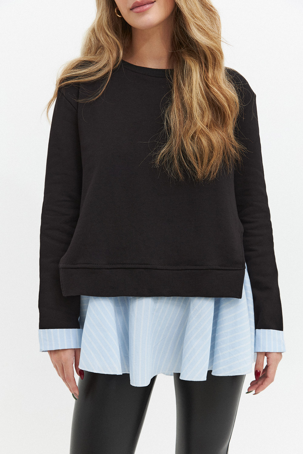 Gömlek Detaylı Bisiklet Yaka Siyah Kadın Sweatshirt