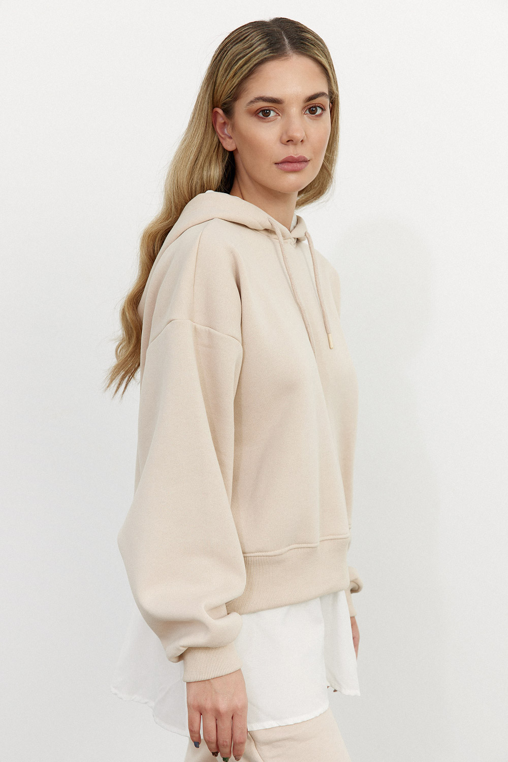 Kapüşonlu Gömlek Detaylı Oversize Bej Kadın Sweatshirt