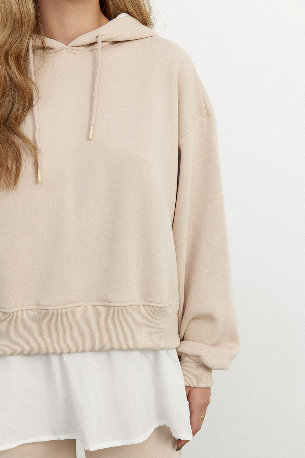 Kapüşonlu Gömlek Detaylı Oversize Bej Kadın Sweatshirt