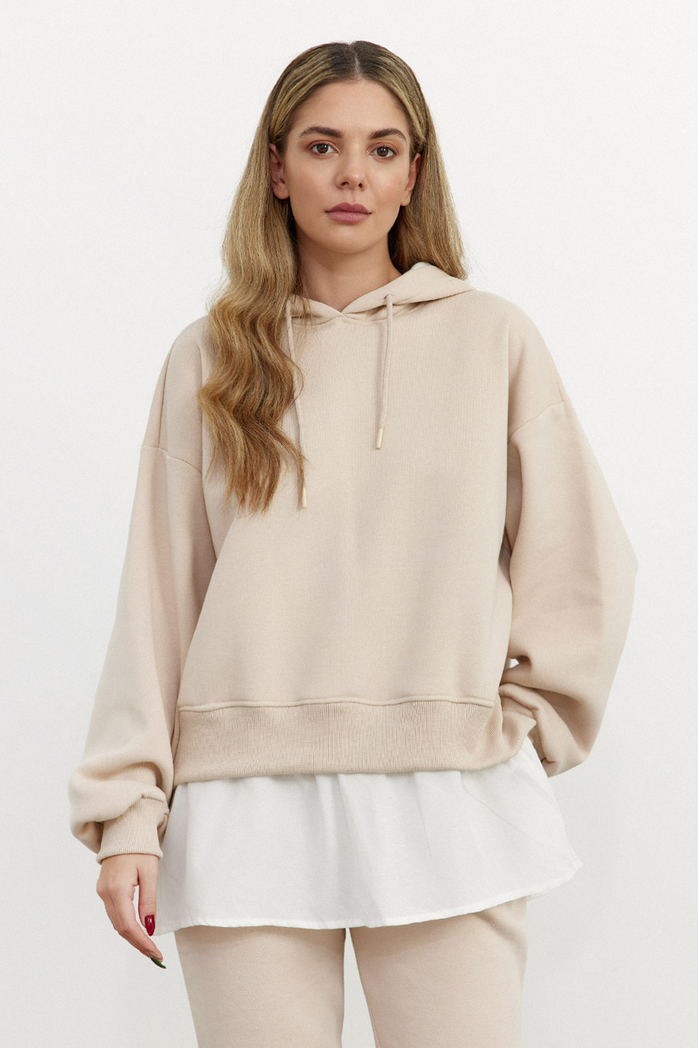 Kapüşonlu Gömlek Detaylı Oversize Bej Kadın Sweatshirt