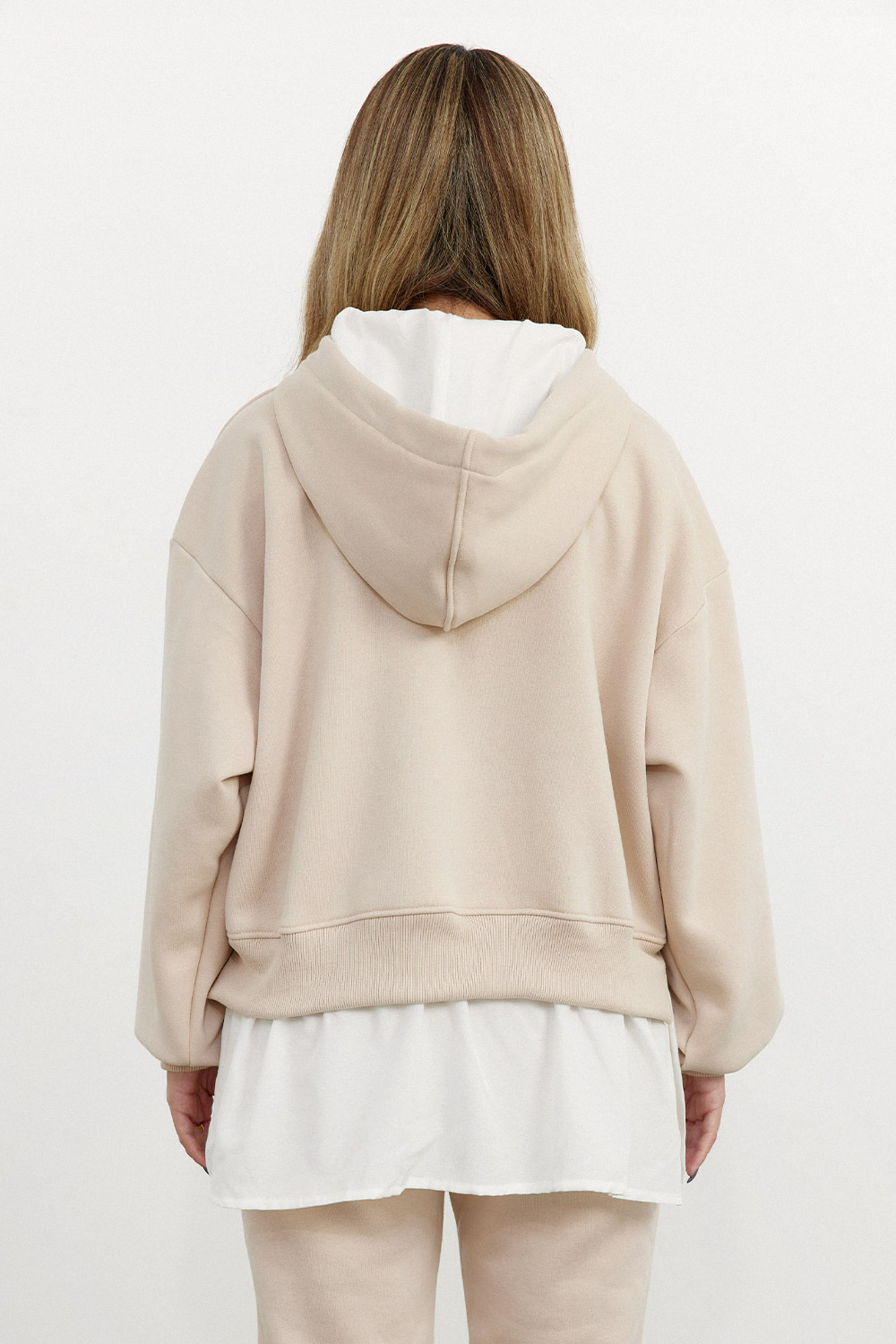 Kapüşonlu Gömlek Detaylı Oversize Bej Kadın Sweatshirt
