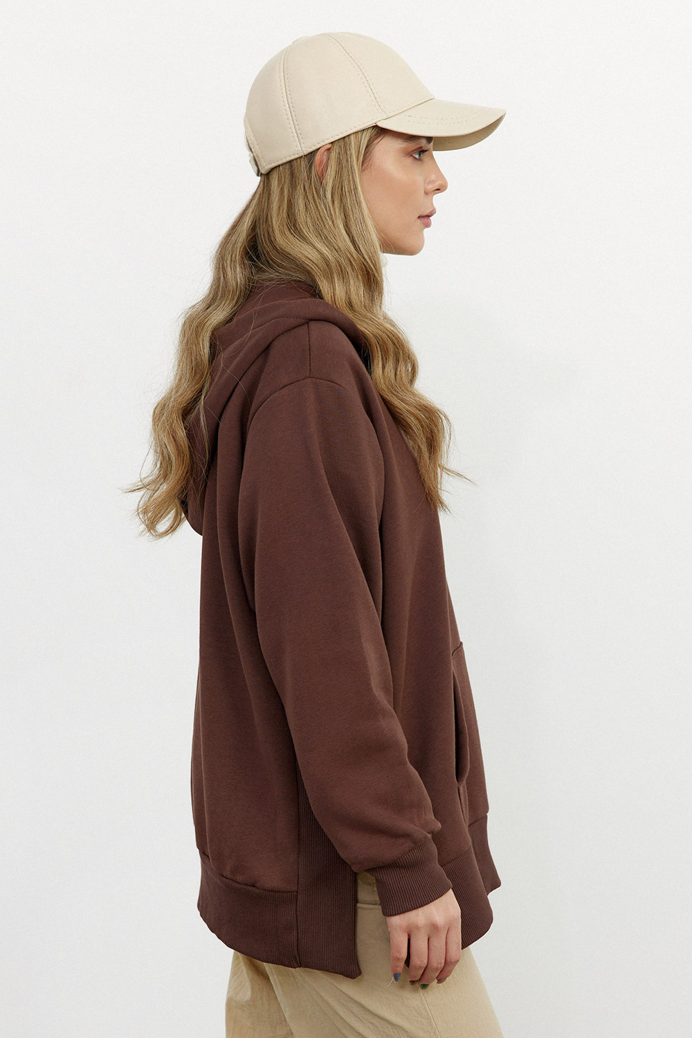 Kapüşonlu Fermuarlı Cep Detaylı Acı Kahve Kadın Sweatshirt