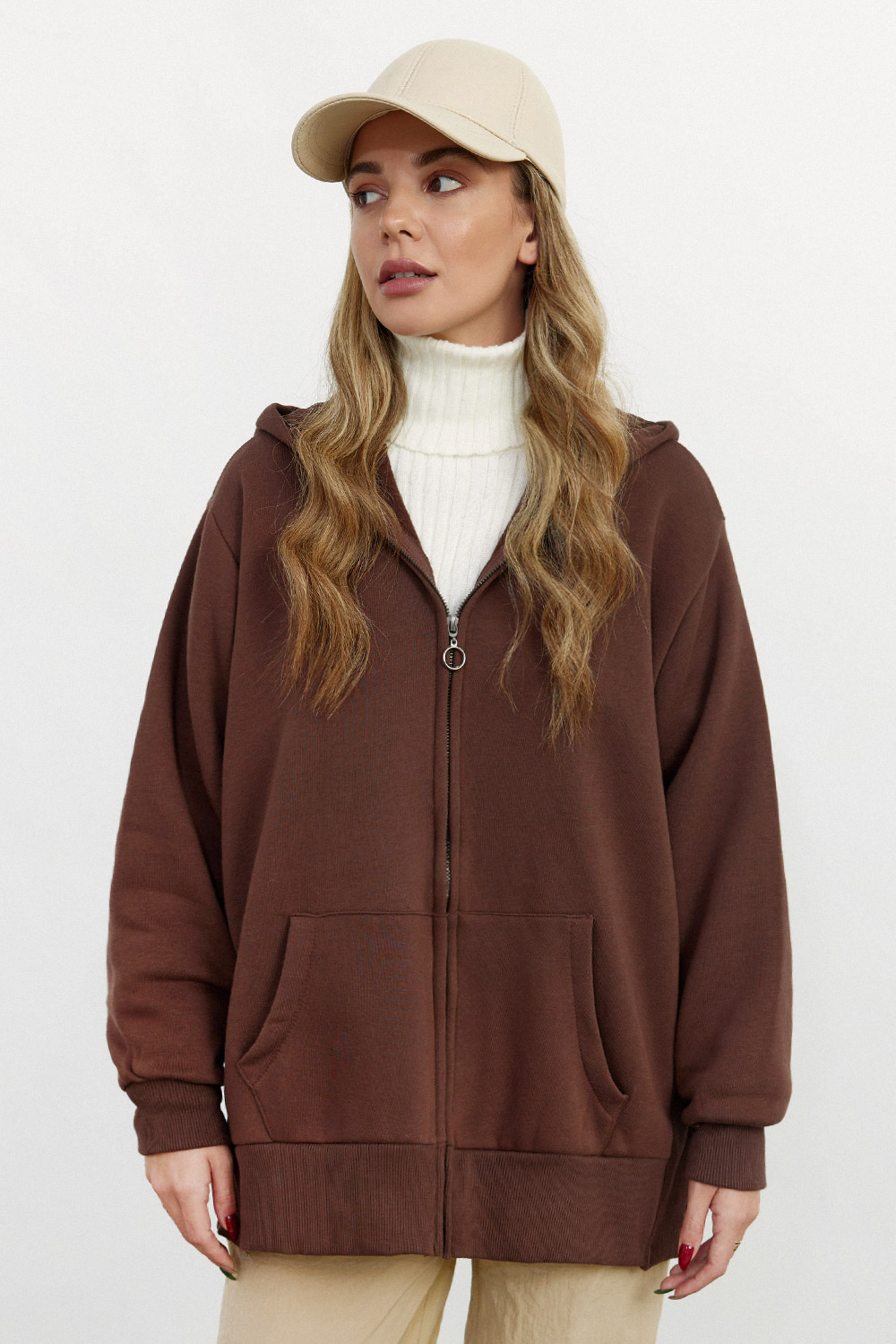 Kapüşonlu Fermuarlı Cep Detaylı Acı Kahve Kadın Sweatshirt