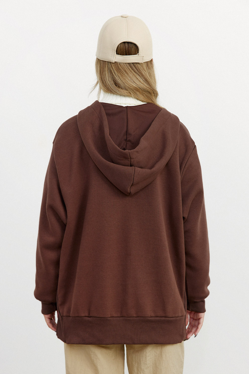 Kapüşonlu Fermuarlı Cep Detaylı Acı Kahve Kadın Sweatshirt