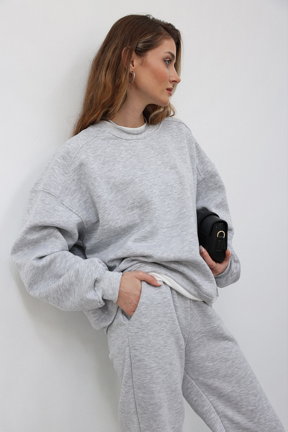 Bisiklet Yaka Oversize Gri Kadın Sweatshirt