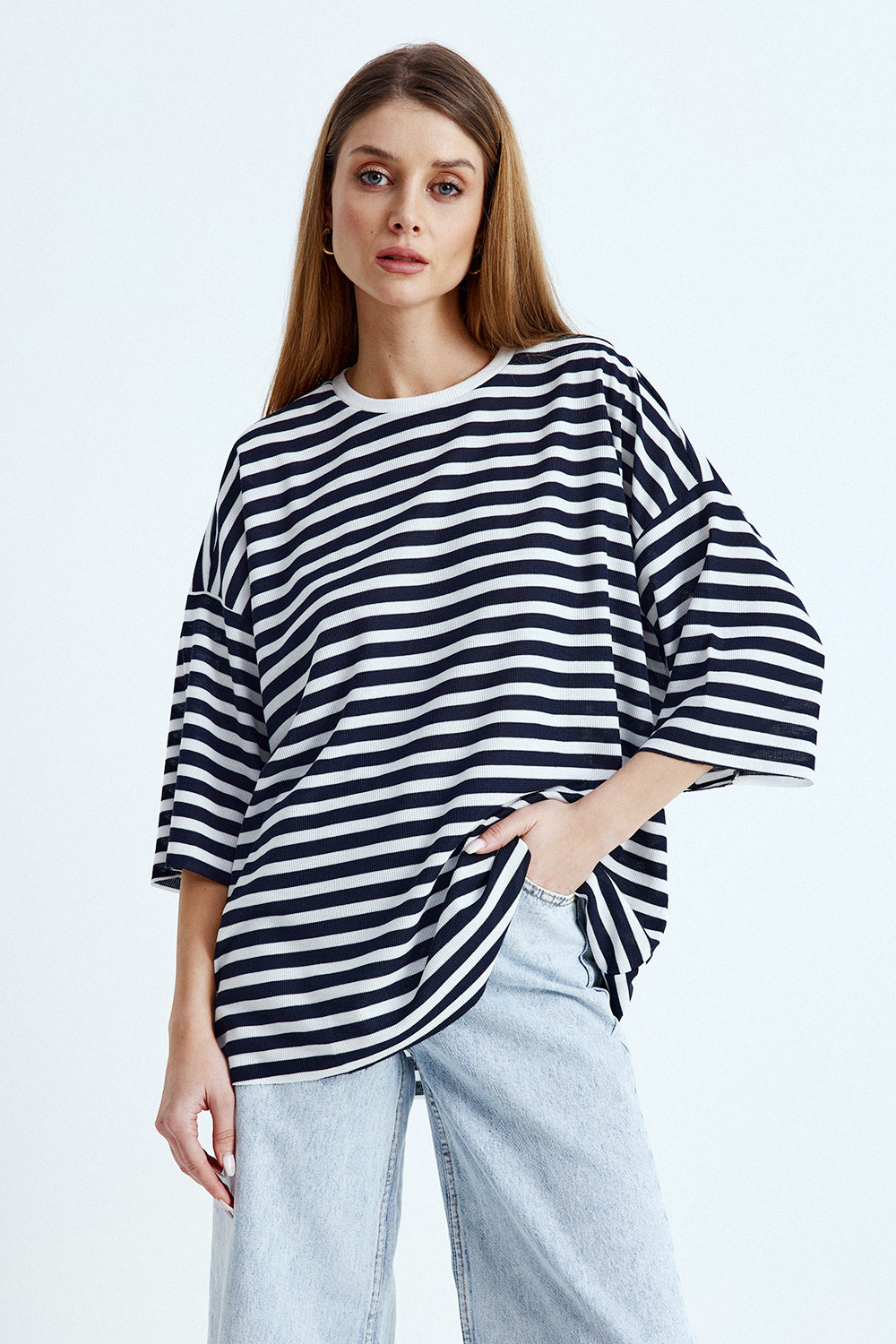 Biyeli Çizgili Oversize Lacivert Kadın Basic Tişört