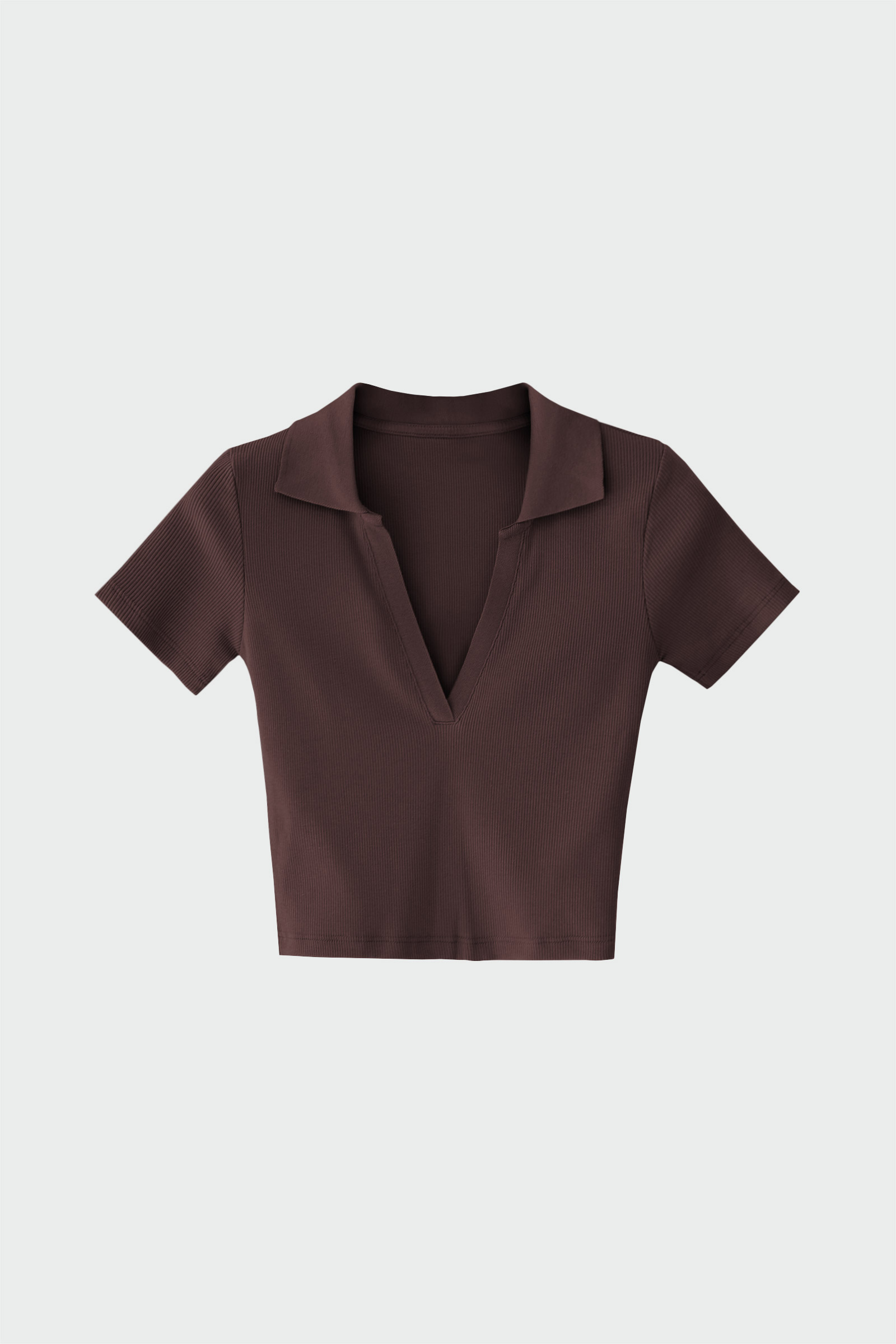 Polo Yaka Fitilli Crop Kahve Kadın Basic Tişört