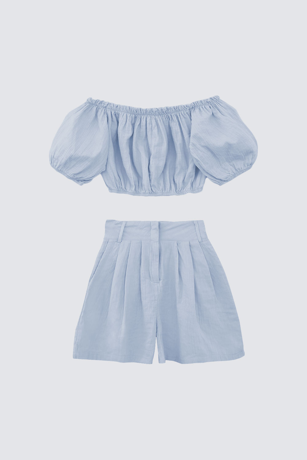 Büzgülü Croptop ve Şort Açık Mavi Kadın Takım