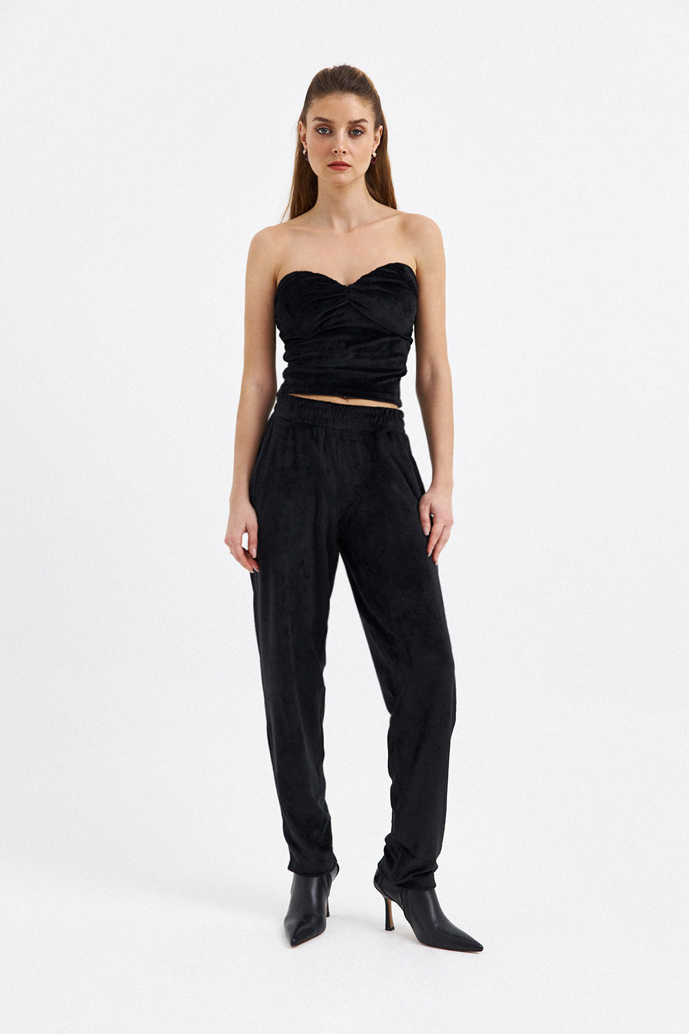 Kadife Straplez Croptop ve Pantolon Siyah Kadın Takım