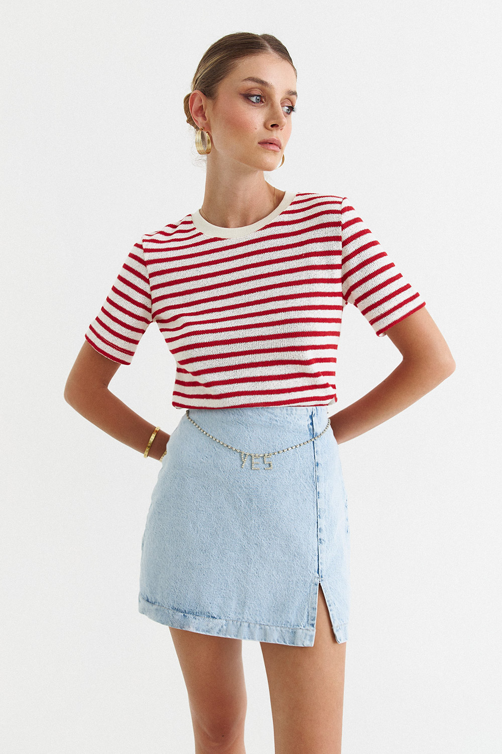 Taş Detaylı Mini Denim Açık Mavi Kadın Etek