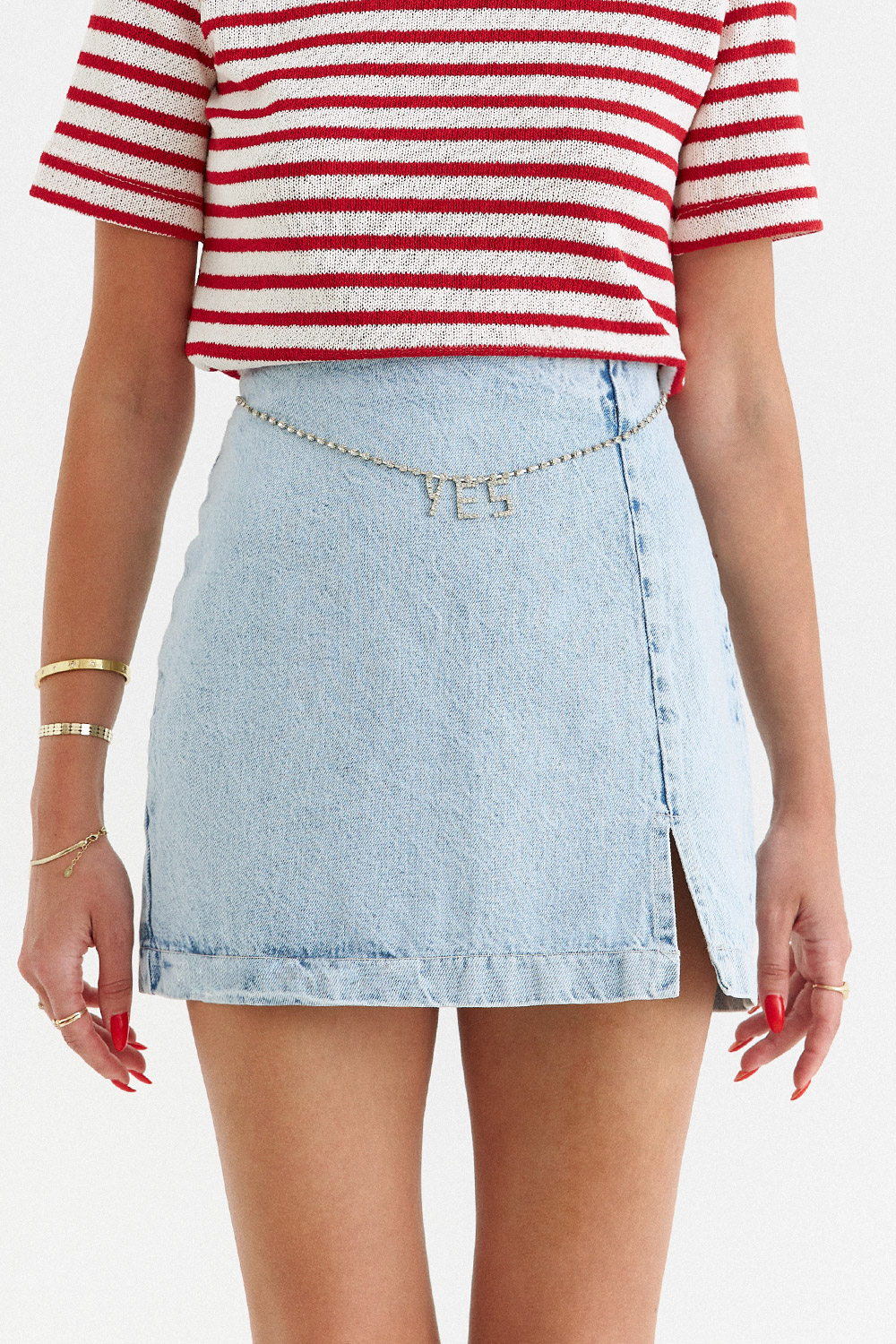 Taş Detaylı Mini Denim Açık Mavi Kadın Etek