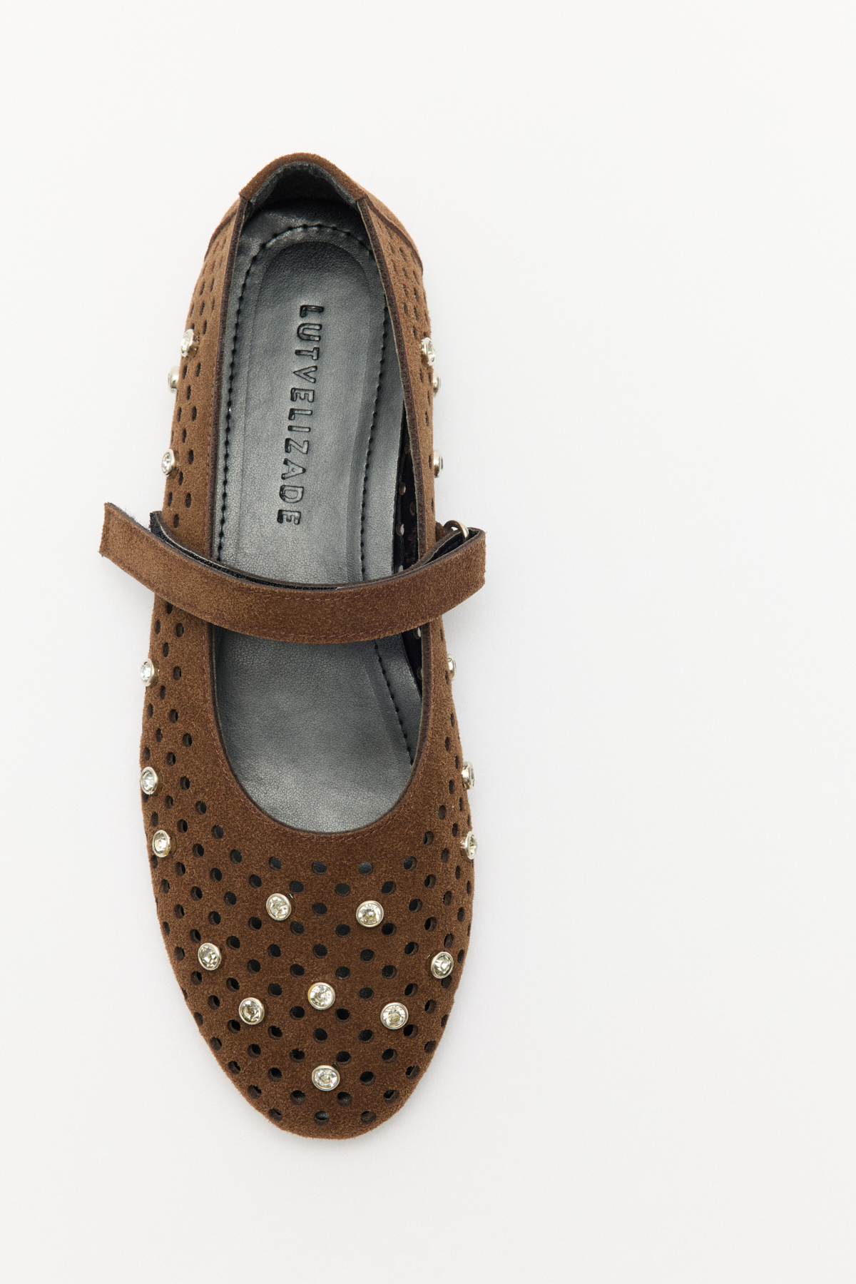 Taş İşlemeli Bantlı Acı Kahve Süet Kadın Babet