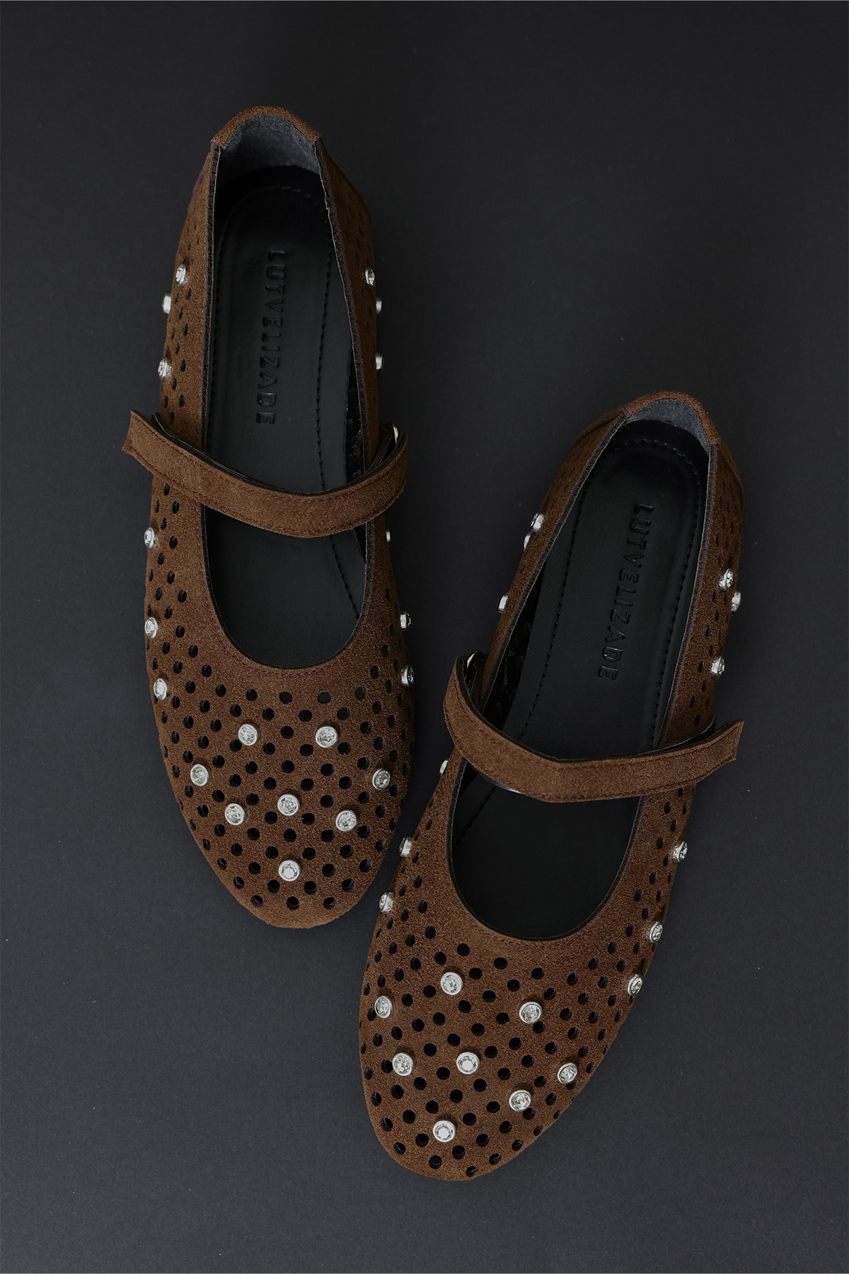 Taş İşlemeli Bantlı Acı Kahve Süet Kadın Babet