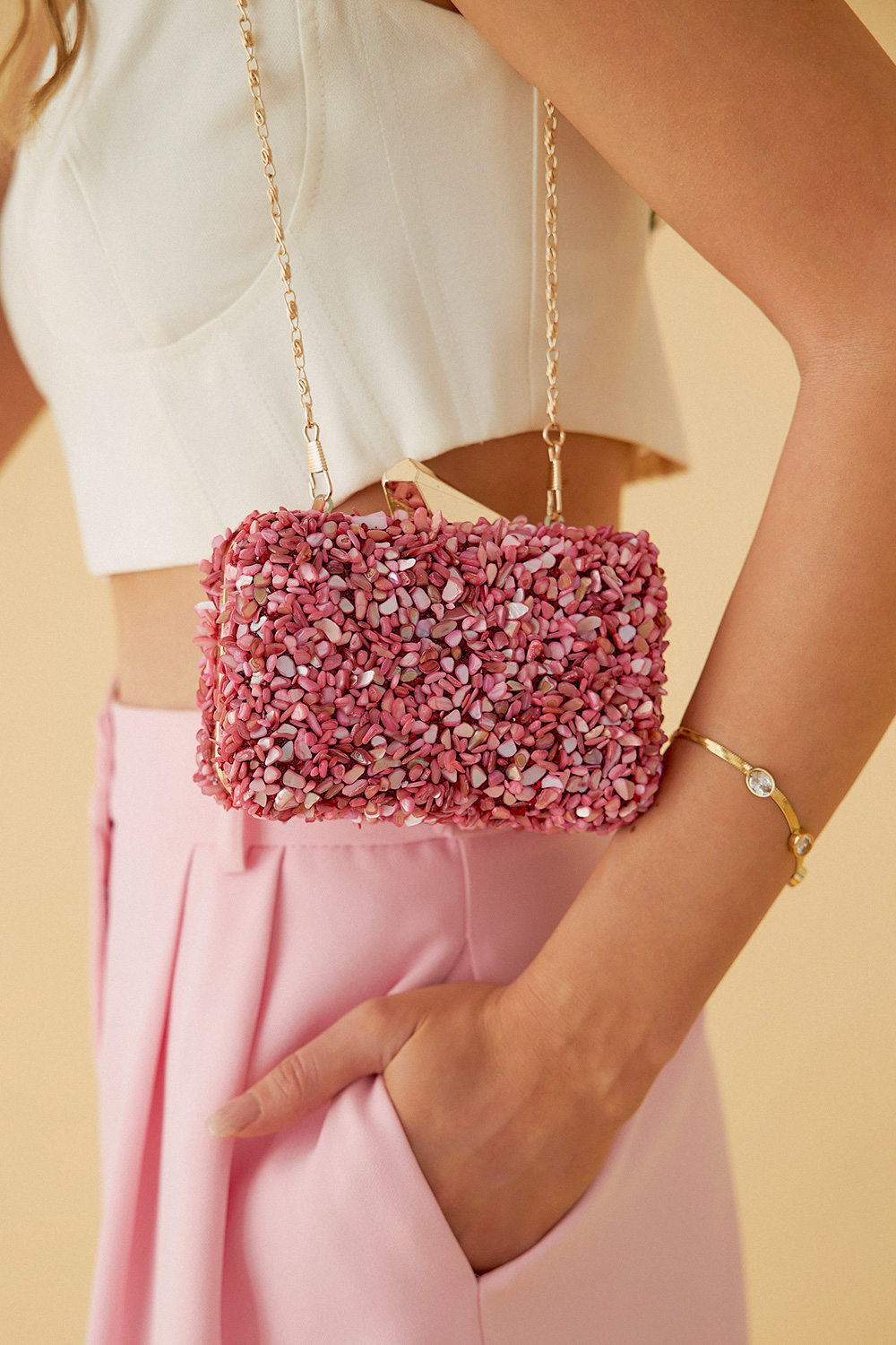 Taşlı Mini Clutch Pembe Kadın Çanta