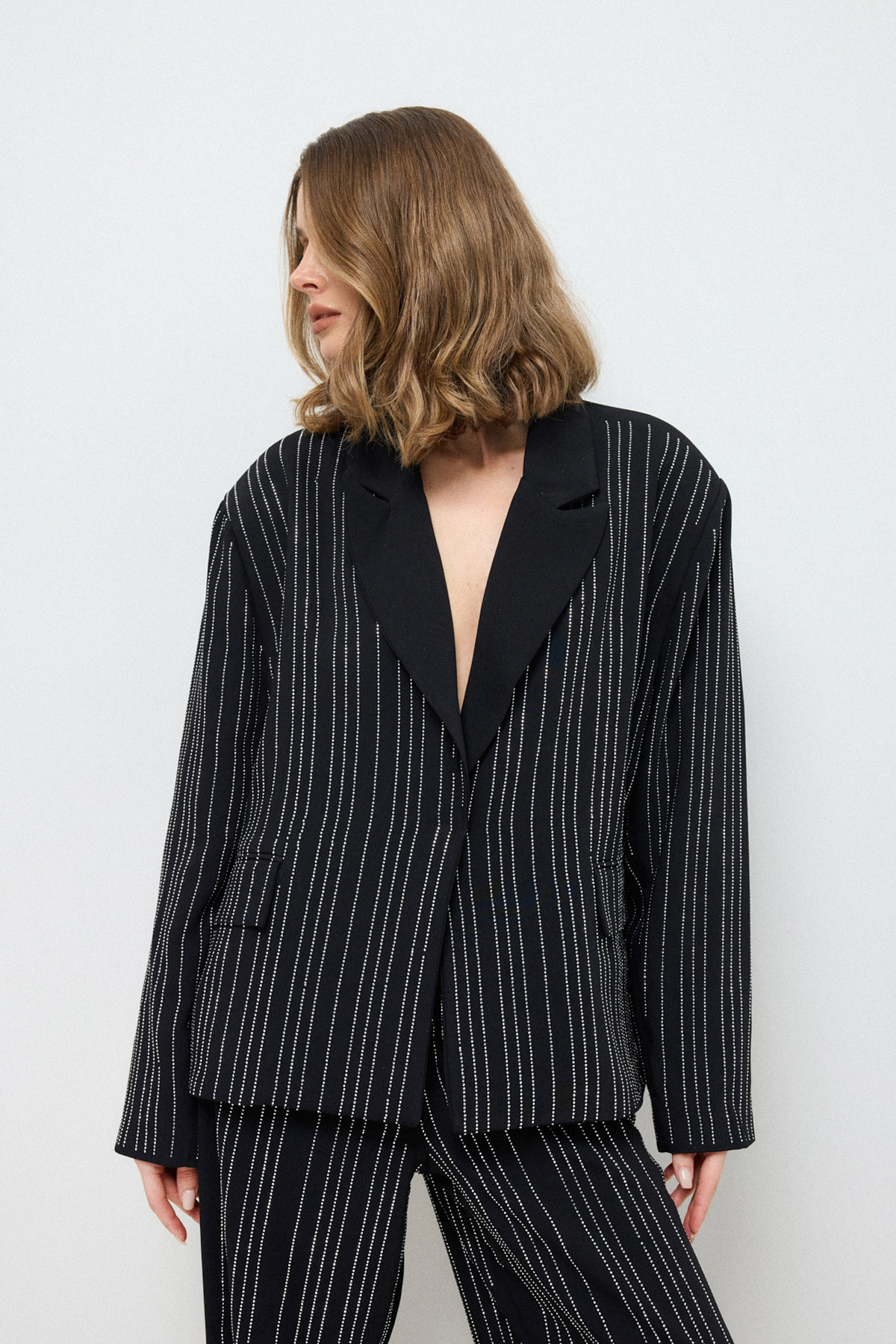Taşlı Şerit Detaylı Blazer Siyah Kadın Ceket