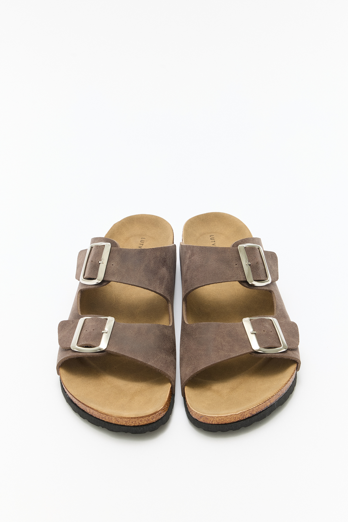 Tokalı Çift Bantlı Süet Acı Kahve Süet Kadın Terlik