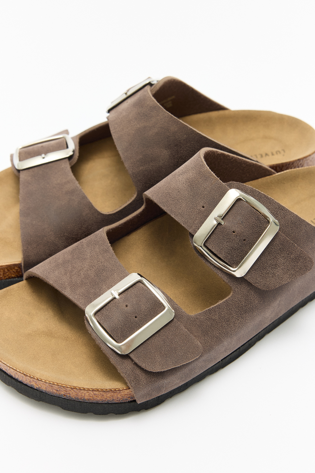 Tokalı Çift Bantlı Süet Acı Kahve Süet Kadın Terlik