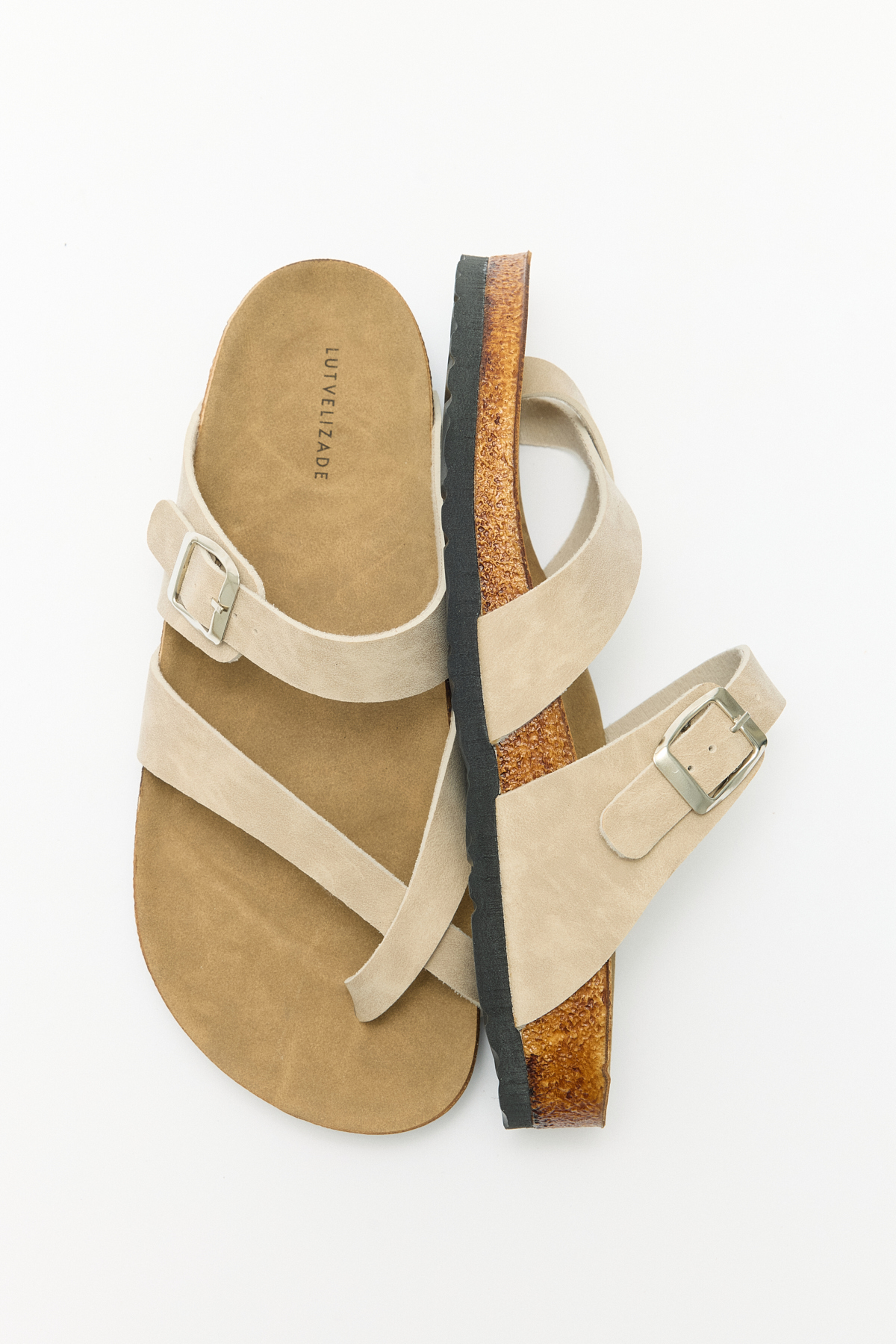 Tokalı Çapraz Bant Bej Süet Kadın Terlik